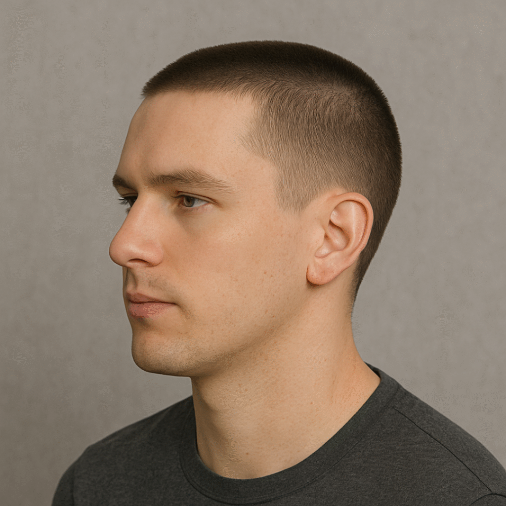 Square image of a man with a buzz cut and gentle taper, showcasing a clean, even finish and subtle fade around the sides, captured in a neutral studio setting.