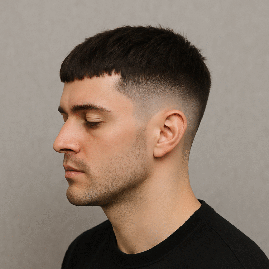Side profile of a man with a French Crop haircut featuring a short micro fringe and a smooth skin fade, highlighting clean edges and precise barbering.