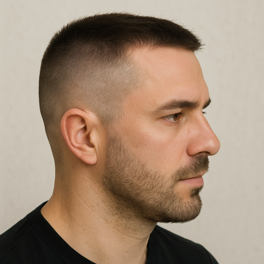 Side profile of a man with a high and tight haircut featuring short, neatly trimmed sides and a slightly longer top for a clean, modern look.