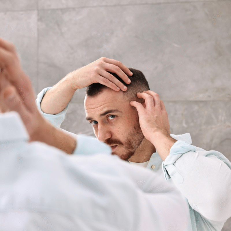 A man looking into the mirror while inspecting his thinning hairline with his hands in a bathroom setting.
