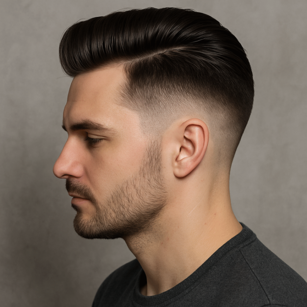 Side profile of a man with a short pompadour and low fade haircut, showcasing neatly styled hair with a smooth blend from the sides to the top.