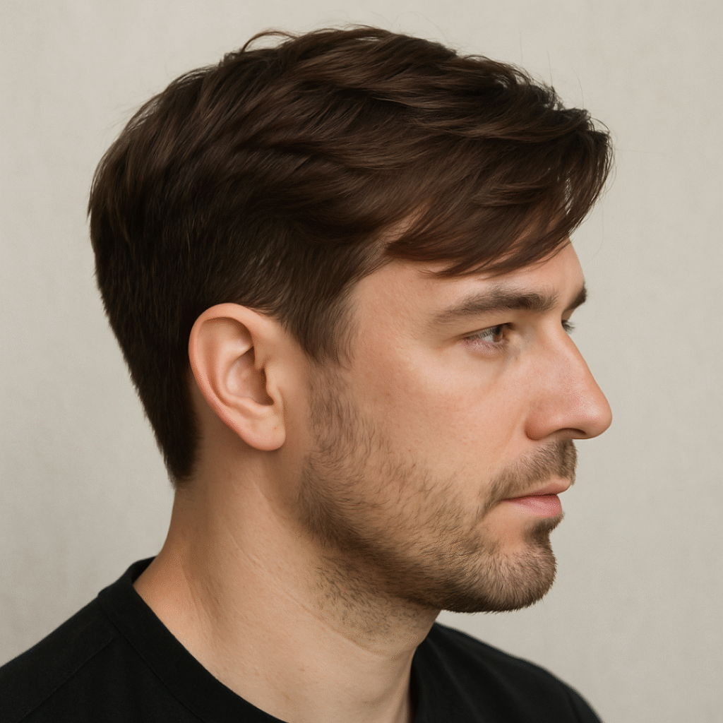 Side profile of a man with a side-swept short layered haircut, showcasing neatly textured brown hair and a clean, natural finish.