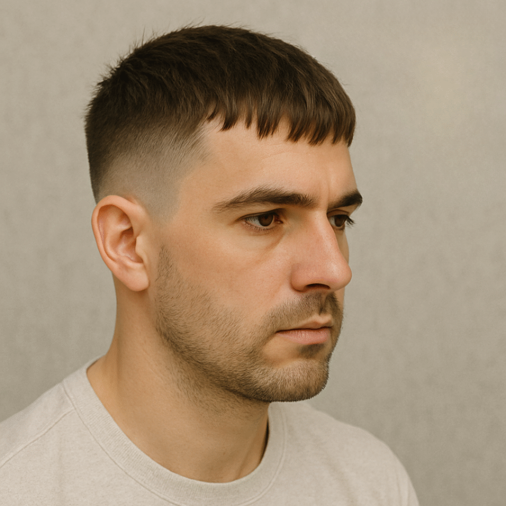 man with mid fade crop haircut and choppy fringe style