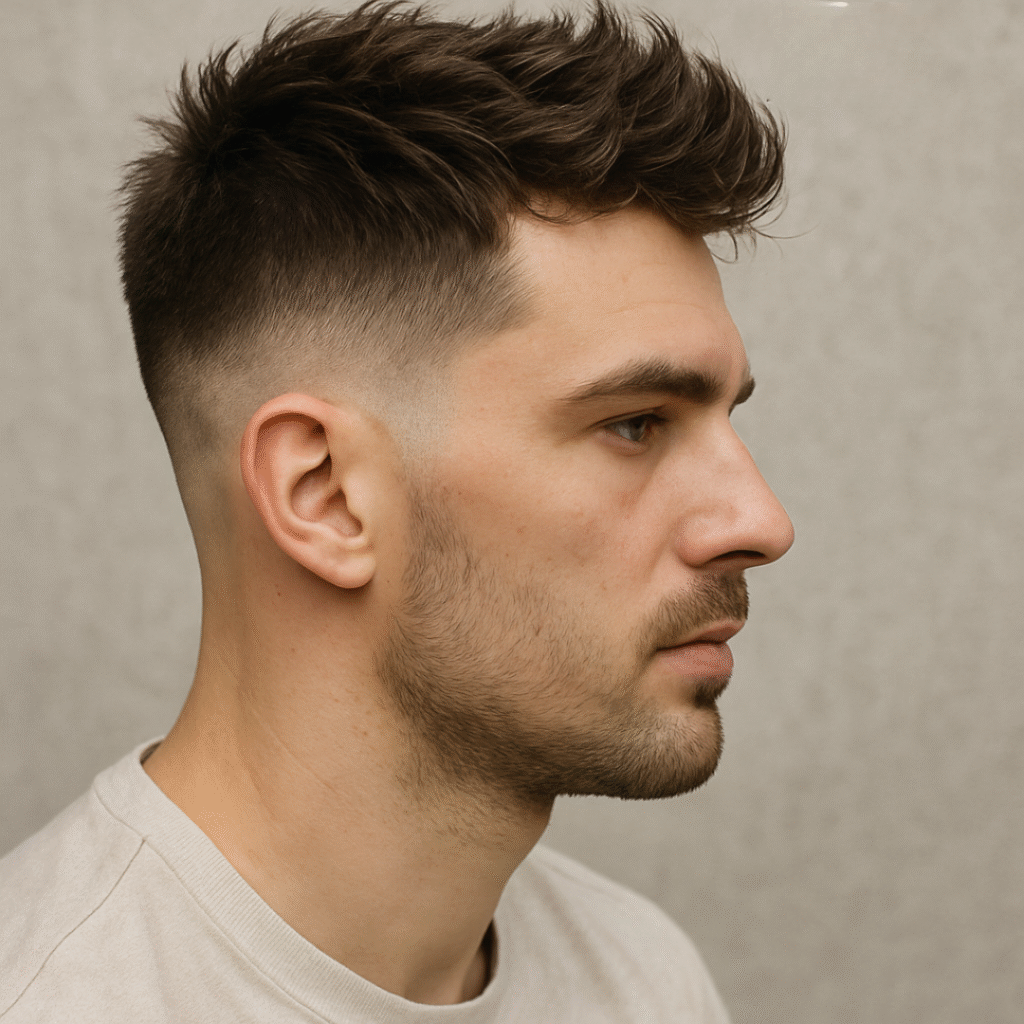 man with tight taper haircut and textured top hairstyle